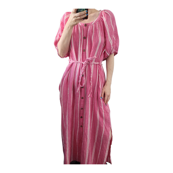 Marine Layer Dresses & Skirts - Marine Layer Erin Gauze Shirt Dress S Fuschsia Stripe Cottagecore Beach Coastal
